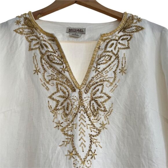 MICHAEL Michael Kors Boho White Linen Tunic Gold Seed Beads Small - Picture 2 of 7